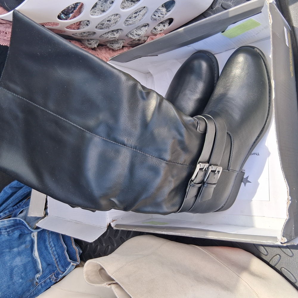 Style & Co. Black Leather Knee-High Boots with Double Buckle
